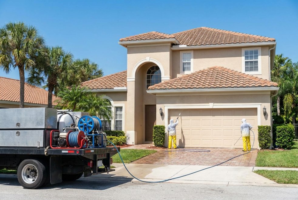 Pressure washing crew cleaning a Florida home's driveway and garage before hurricane season