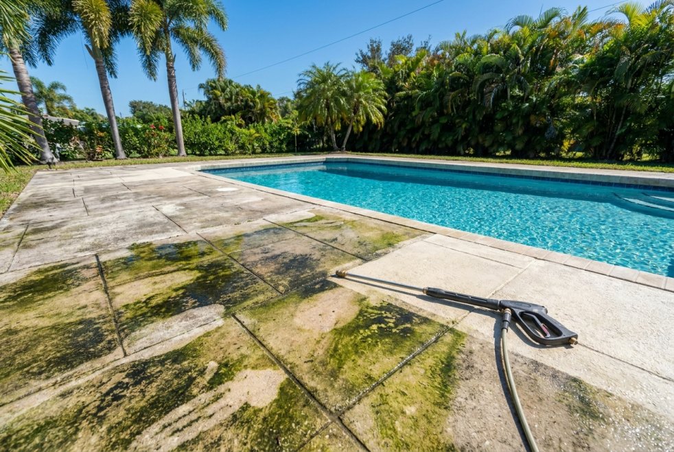 Moldy, algae-covered pool deck beside a backyard swimming pool with a pressure washer on the patio