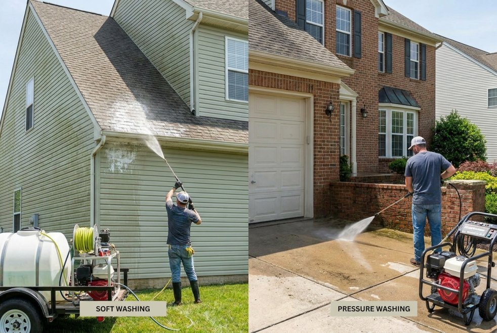 Side-by-side soft washing house siding and pressure washing a driveway at a suburban home
