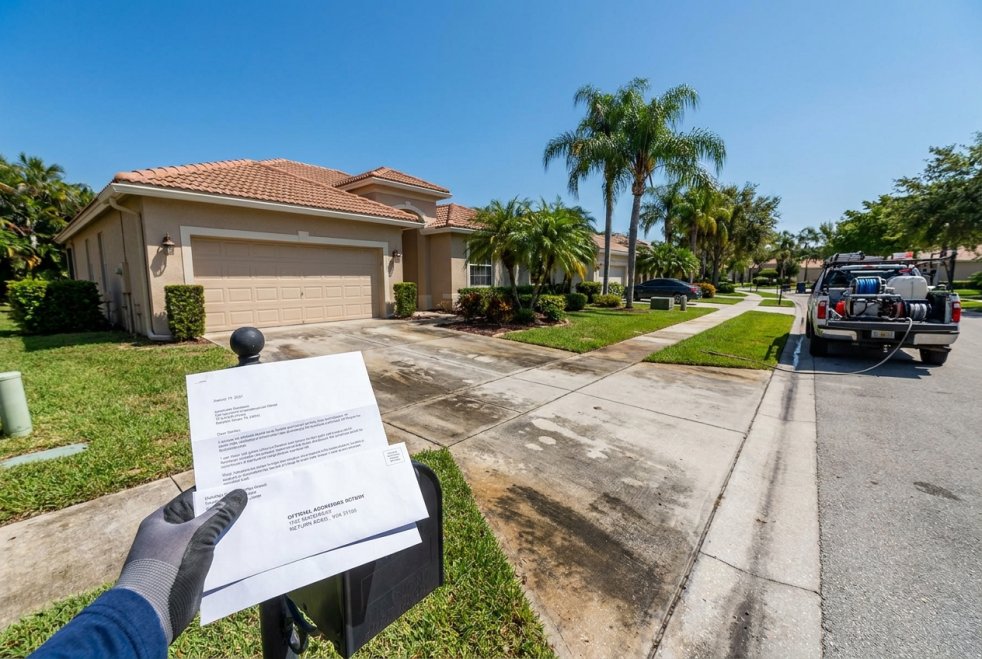 Gloved hand holding an HOA warning letter near a Florida home driveway and pressure washing truck