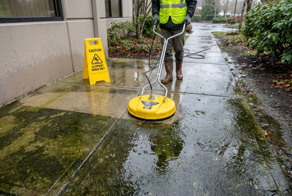 Pressure washing a mossy, wet sidewalk during rainy season to help prevent slip hazards
